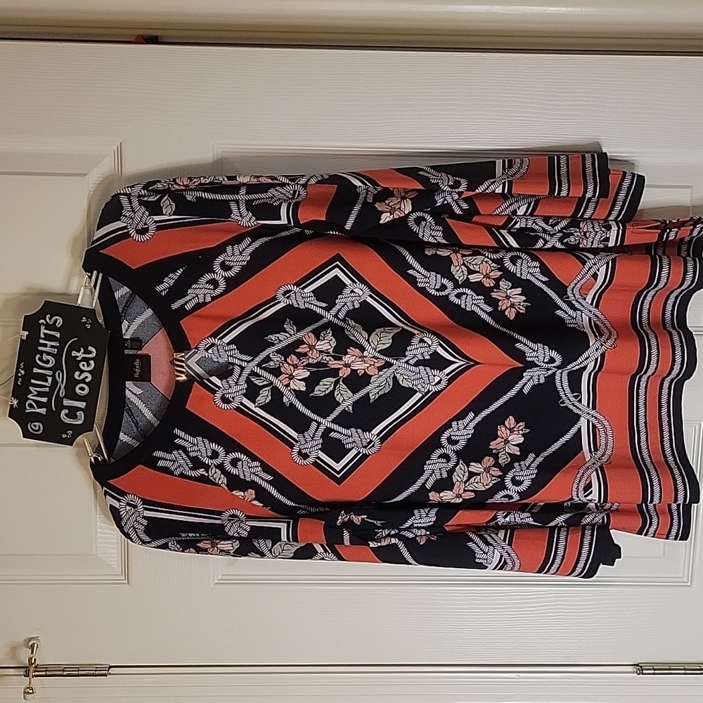 Rafaella XL Tunic Navy Coral Gray White Pink Floral
